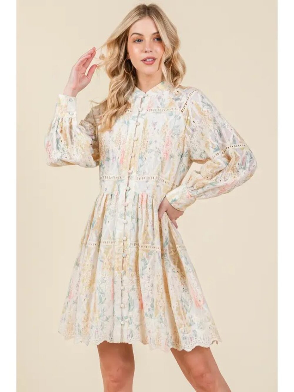 Plus Floral Long Sleeved Embroidered Eyelet Mini Shirt Dress 1x-3x